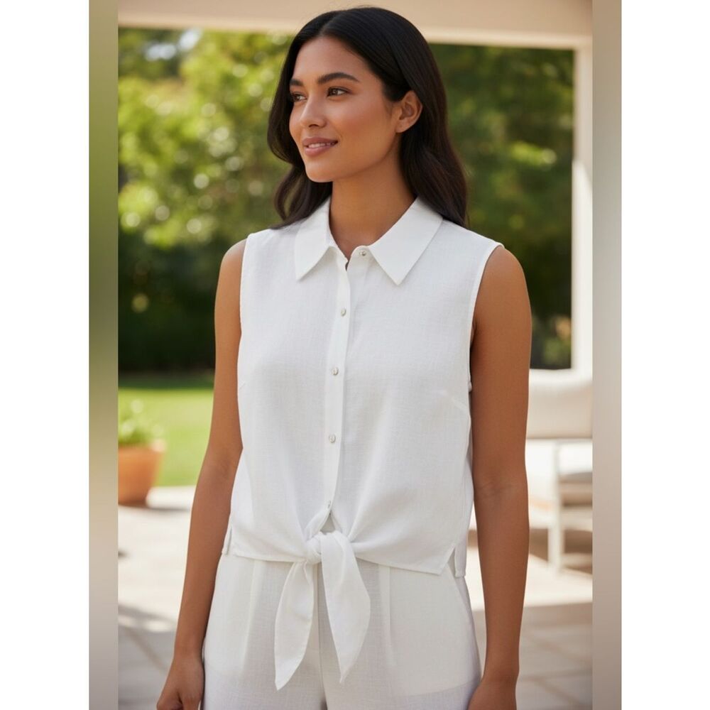 Cali Cali White 100% Linen Sleeveless Collared Tie Front Blouse Size L